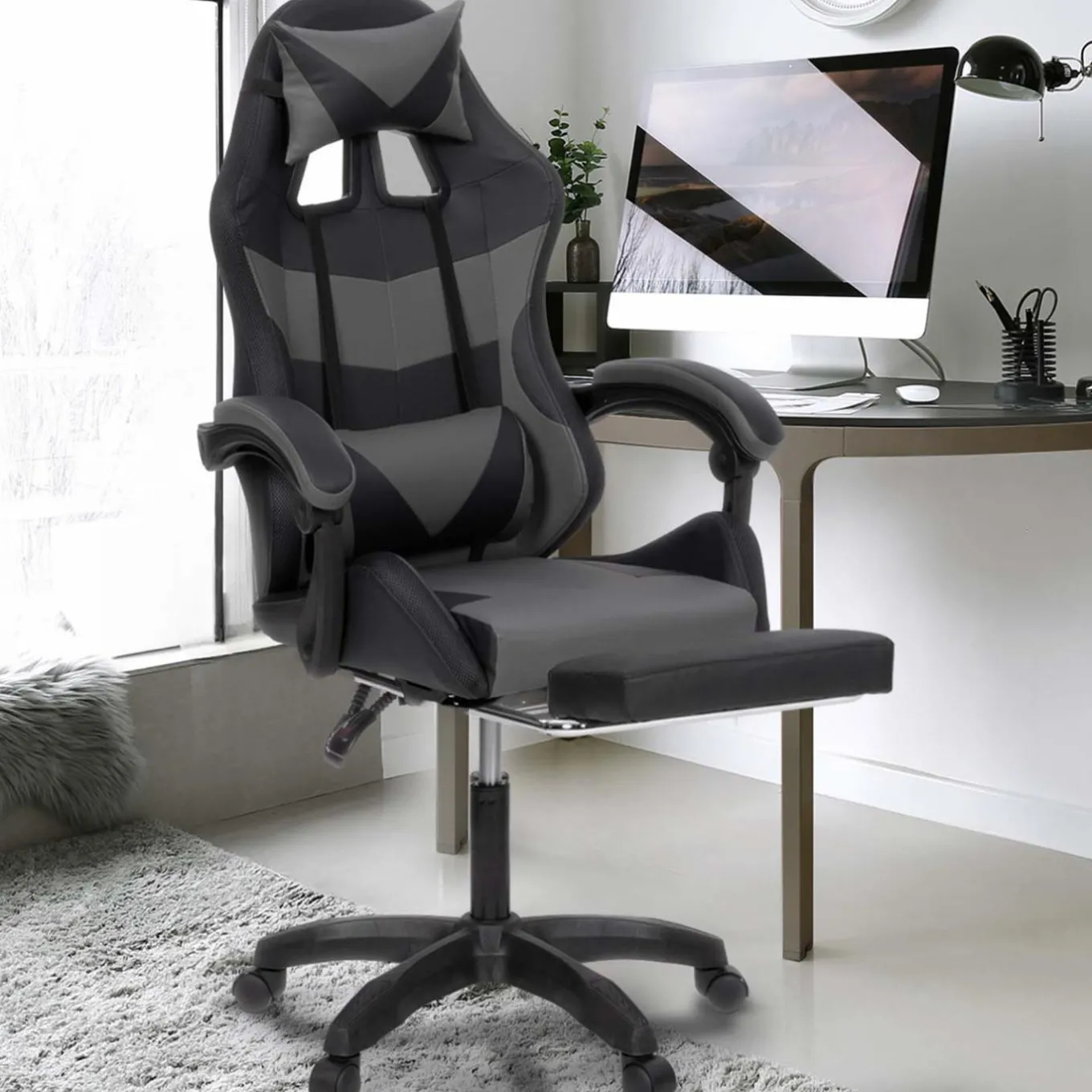 IDMarket Fauteuil gaming LED noir et gris avec repose-pied, coussin tête + lombaire* Collection Télétravail|Chaises De Bureau Et Accessoires