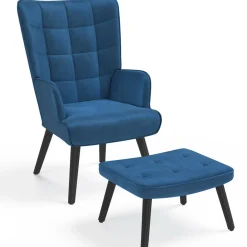 IDMarket Fauteuil scandinave en velours bleu avec repose-pieds* Collection Vintage|Collection Scandinave