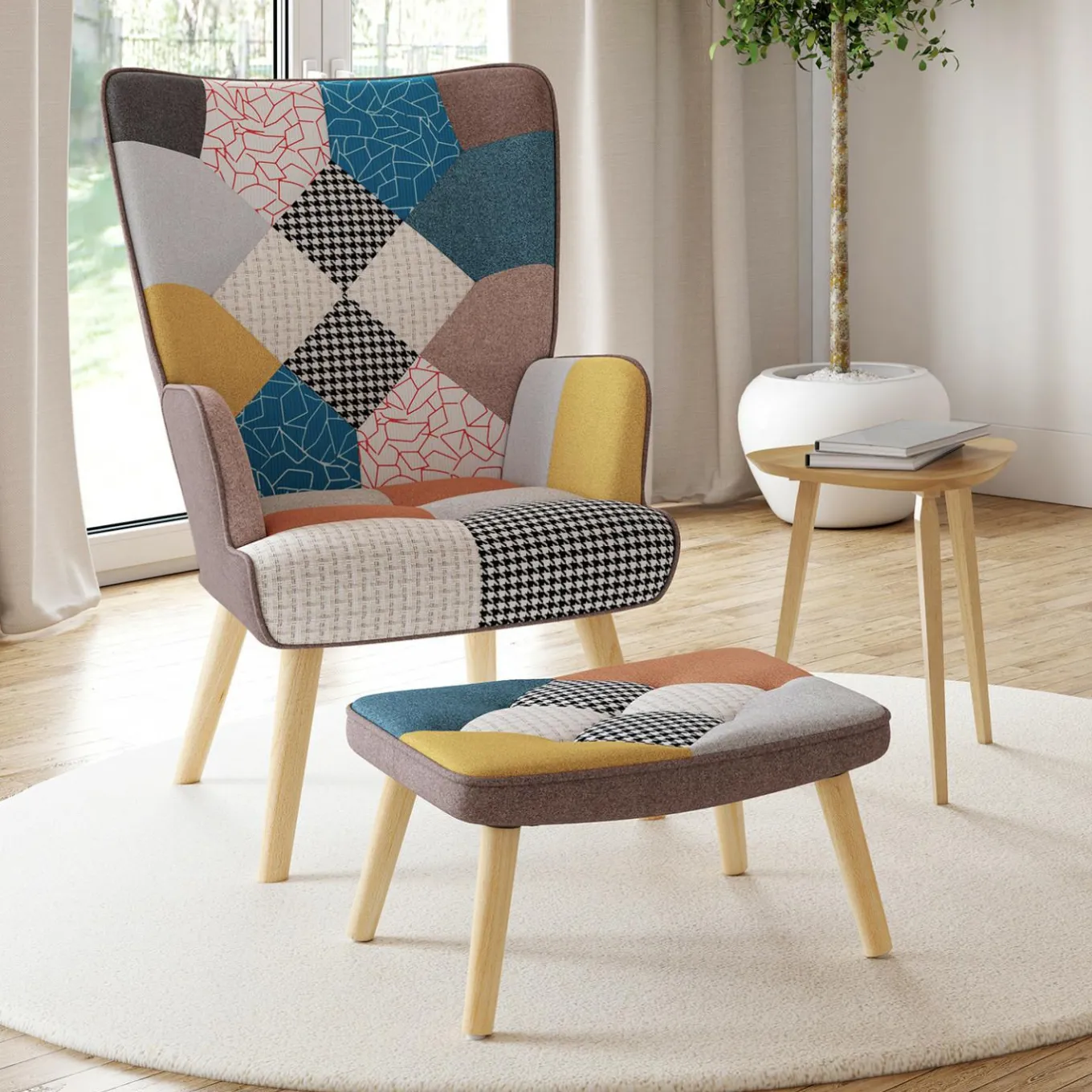 IDMarket Fauteuil scandinave multicolore avec repose pieds* Collection Scandinave|Salon Complet