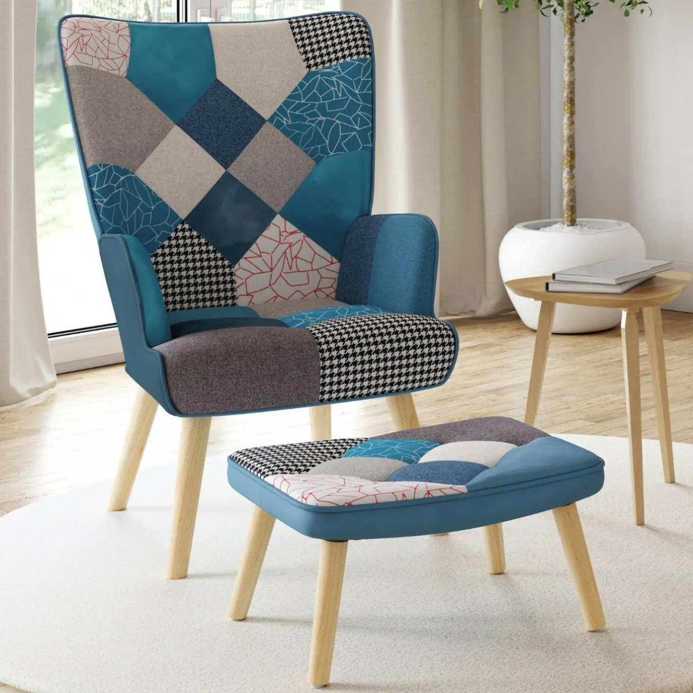 IDMarket Fauteuil scandinave velours bleu et patchwork avec repose pied* Collection Scandinave|Salon Complet