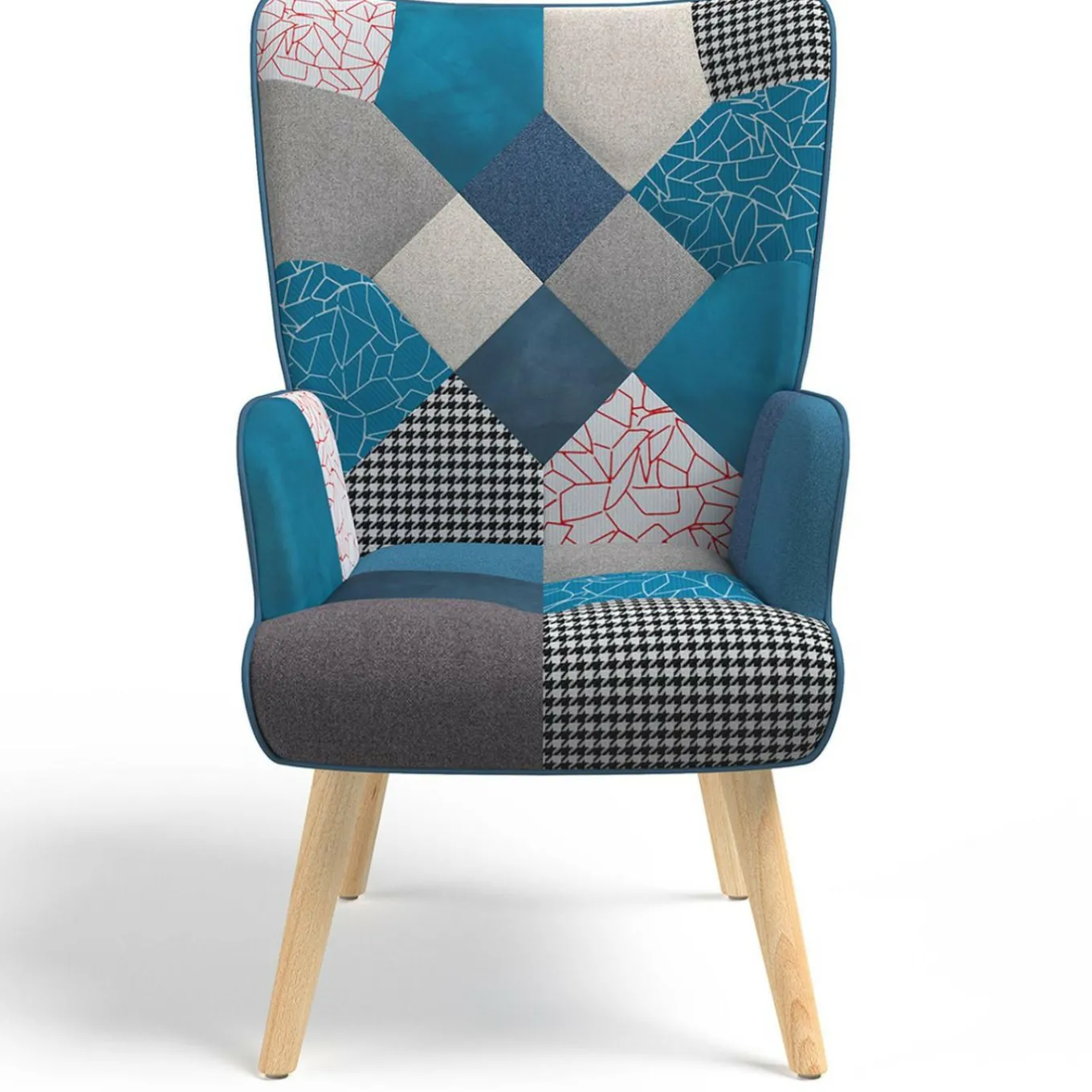 IDMarket Fauteuil scandinave velours bleu et patchwork avec repose pied* Collection Scandinave|Salon Complet