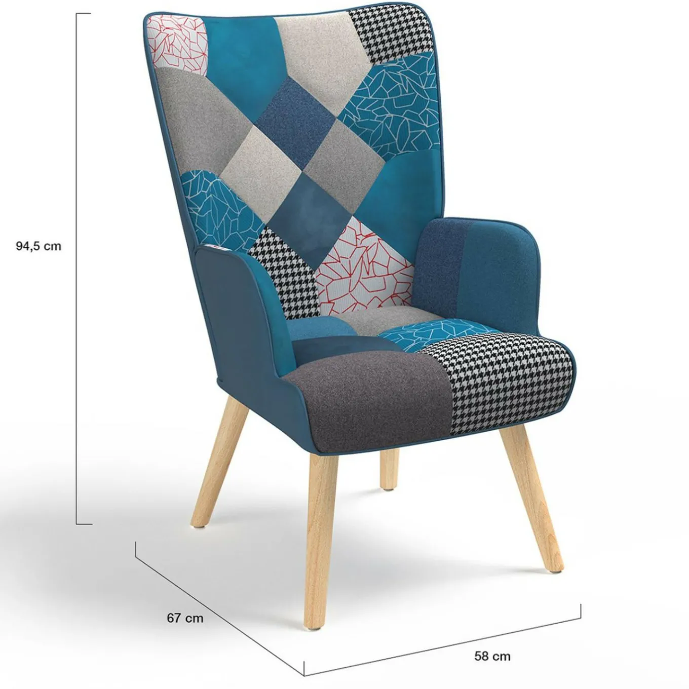 IDMarket Fauteuil scandinave velours bleu et patchwork avec repose pied* Collection Scandinave|Salon Complet