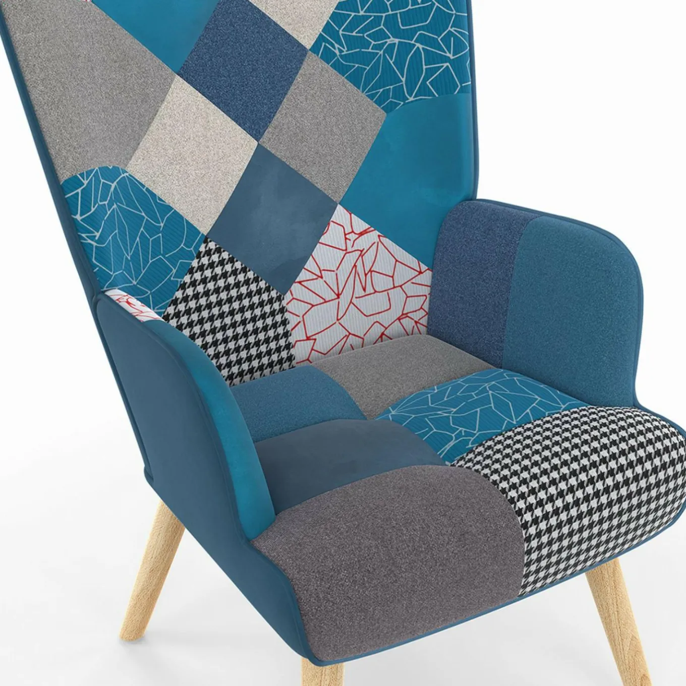 IDMarket Fauteuil scandinave velours bleu et patchwork avec repose pied* Collection Scandinave|Salon Complet