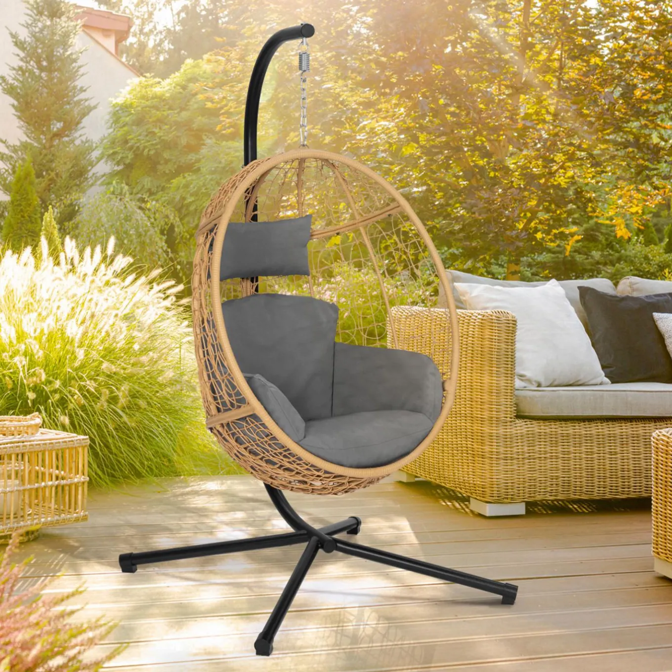 IDMarket Fauteuil œuf suspendu effet rotin avec coussins gris* Fauteuils De Jardin