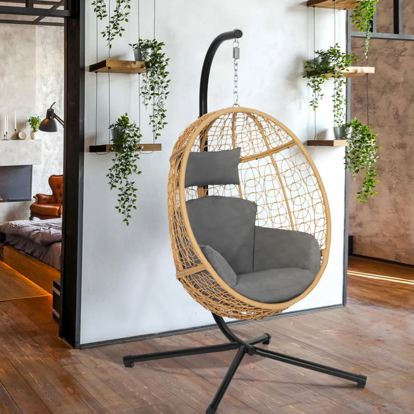 IDMarket Fauteuil œuf suspendu effet rotin avec coussins gris* Fauteuils De Jardin