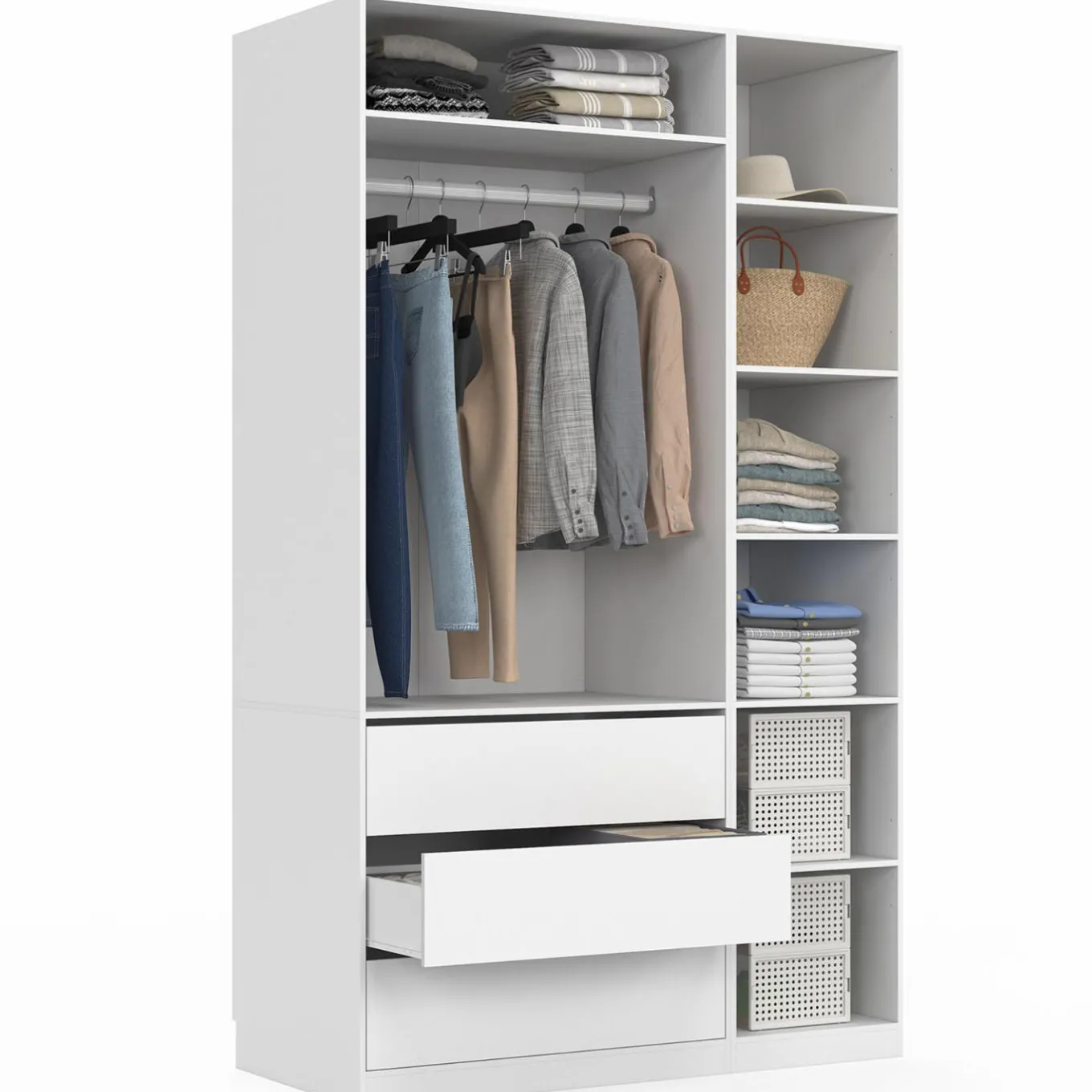 IDMarket Grand dressing modulable blanc 200 cm avec 1 penderie, 7 étagères et 3 tiroirs* Dressings Et Portants Vêtements