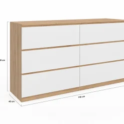IDMarket Grande commode 6 tiroirs façon hêtre et blanc* Meubles Tiroirs|Meubles Bas