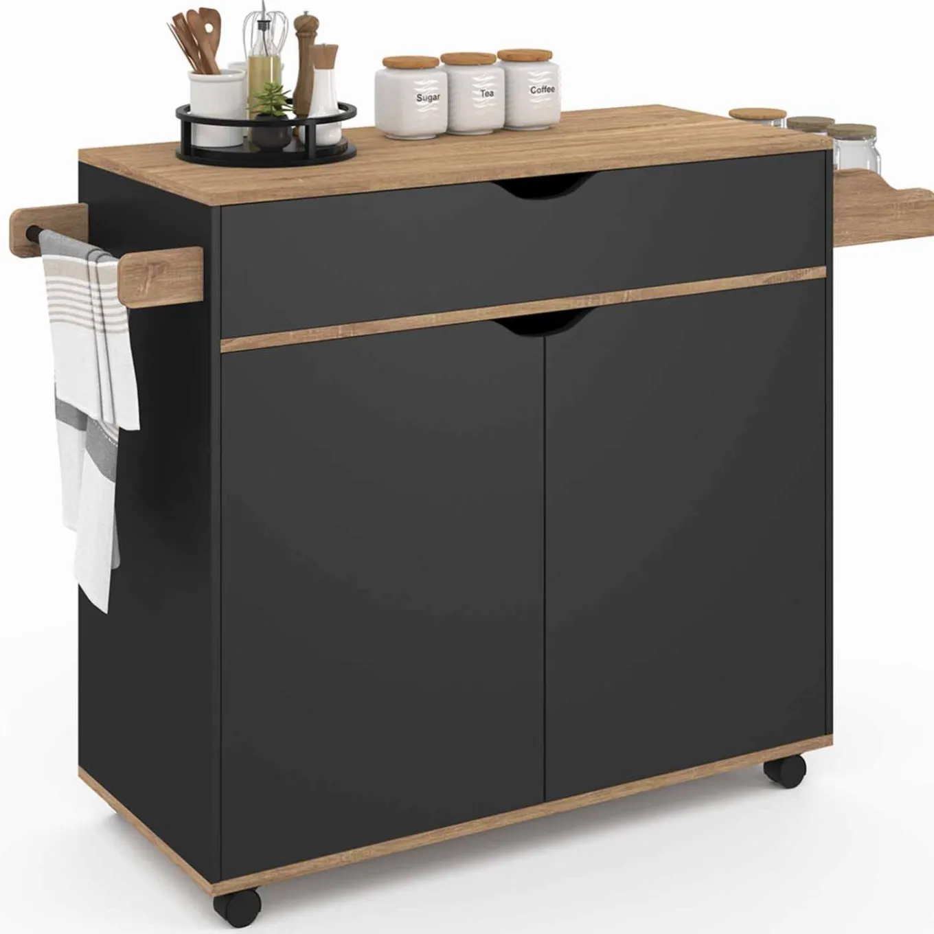 IDMarket Grande desserte de cuisine noire et bois avec placard et tiroir* Meubles Tiroirs|Meubles Bas