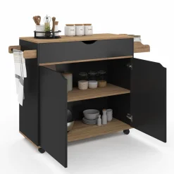 IDMarket Grande desserte de cuisine noire et bois avec placard et tiroir* Meubles Tiroirs|Meubles Bas