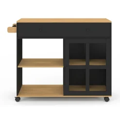 IDMarket Grande desserte de cuisine avec placard vitré bois et noir* Meubles Tiroirs|Meubles Noirs