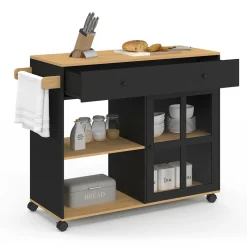 IDMarket Grande desserte de cuisine avec placard vitré bois et noir* Meubles Tiroirs|Meubles Noirs