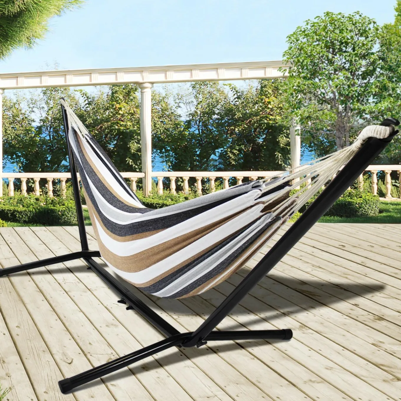 IDMarket Hamac rayé noir, blanc et chocolat avec support métal* Hamacs