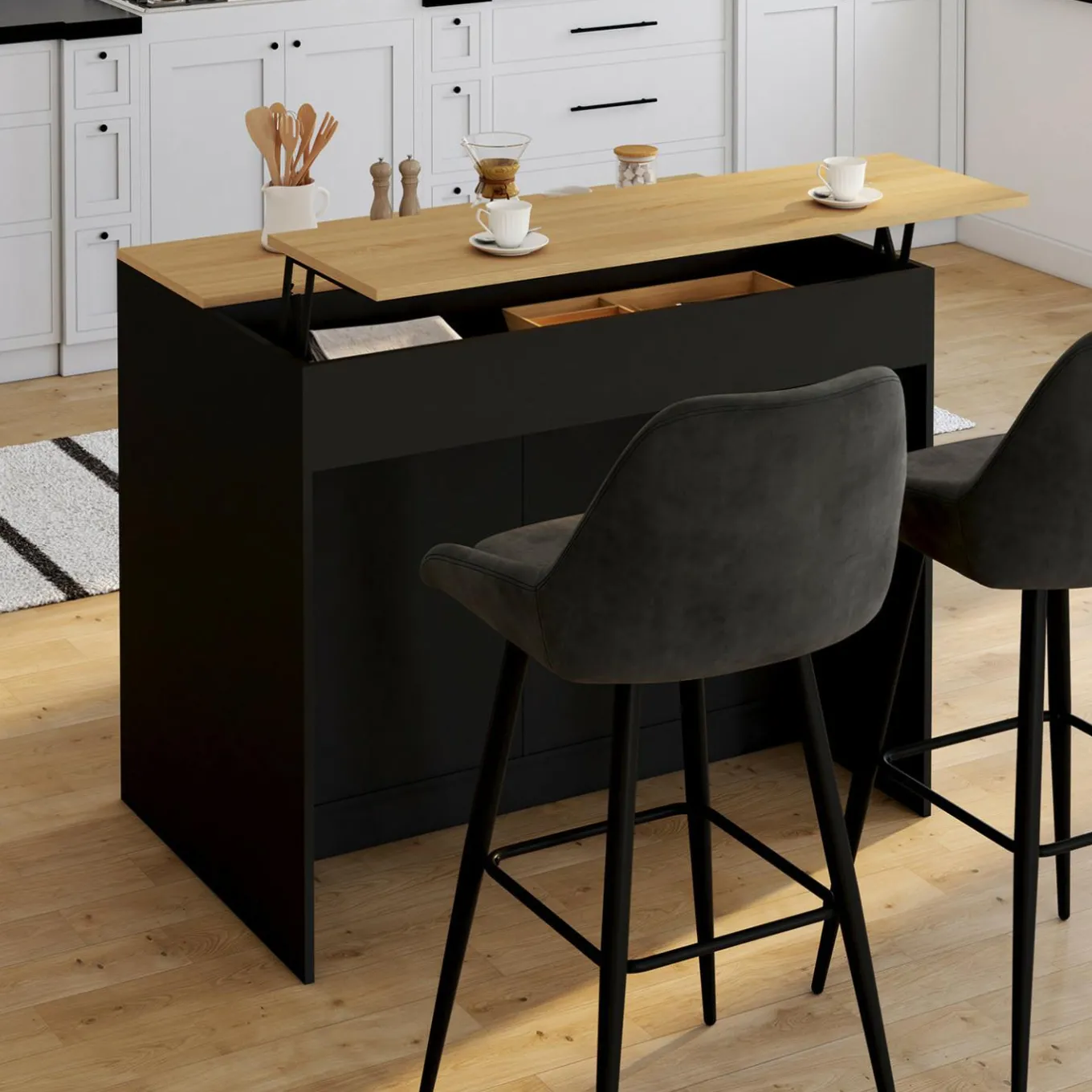 IDMarket Ilot central 110 cm avec tablette relevable rectangulaire bois noir et façon hêtre* Ilot Central