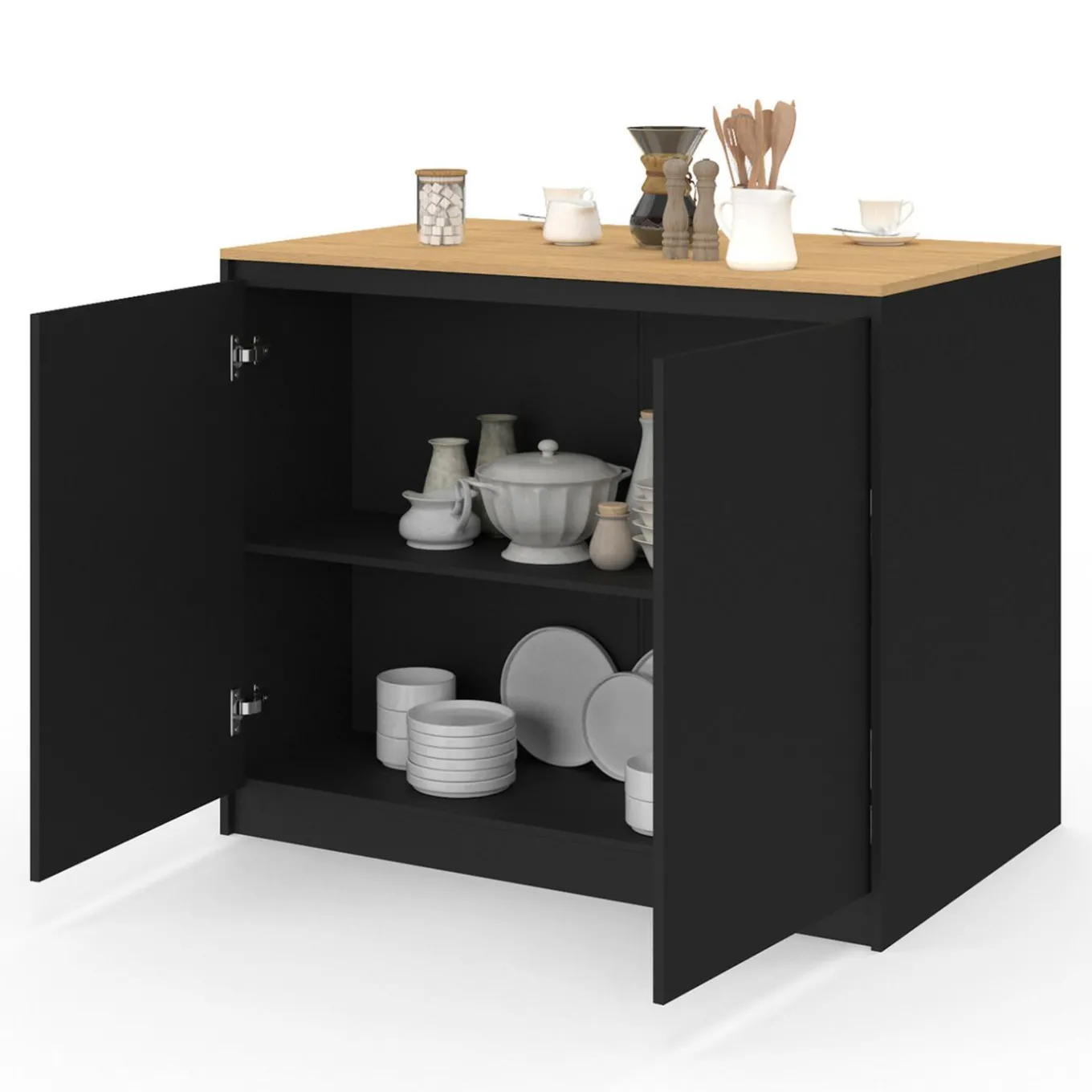 IDMarket Ilot central 110 cm avec tablette relevable rectangulaire bois noir et façon hêtre* Ilot Central