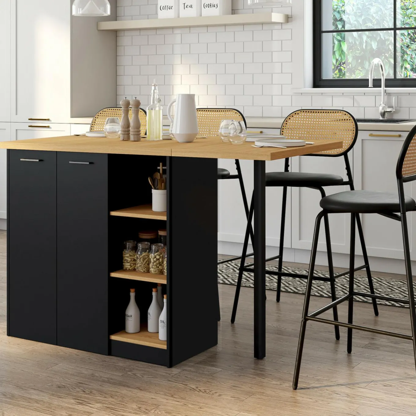 IDMarket Ilot central 140 cm bois noir avec plan de travail façon hêtre* Ilot Central