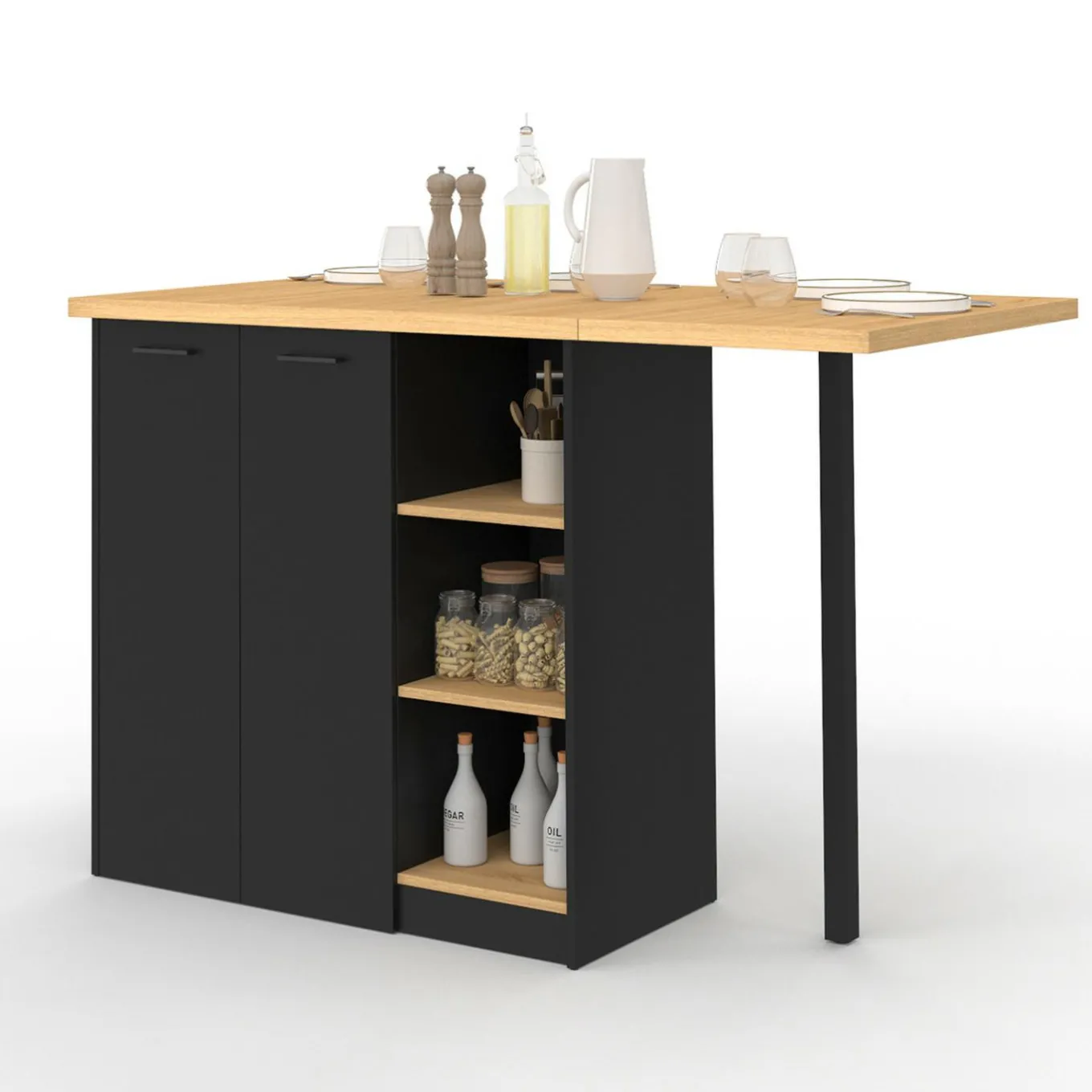 IDMarket Ilot central 140 cm bois noir avec plan de travail façon hêtre* Ilot Central