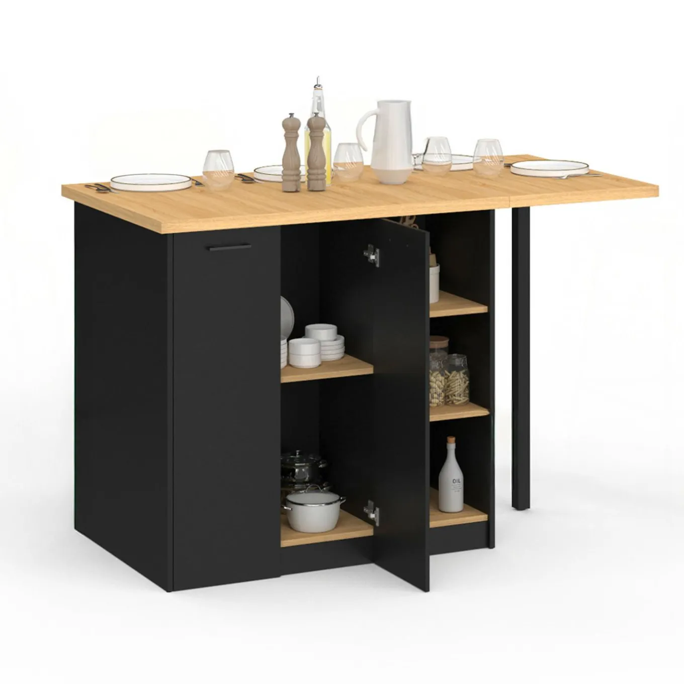 IDMarket Ilot central 140 cm bois noir avec plan de travail façon hêtre* Ilot Central