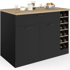 IDMarket Ilot central avec range-bouteilles placard et tiroir bois noir avec plan de travail façon hêtre* Ilot Central