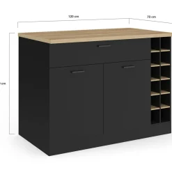 IDMarket Ilot central avec range-bouteilles placard et tiroir bois noir avec plan de travail façon hêtre* Ilot Central