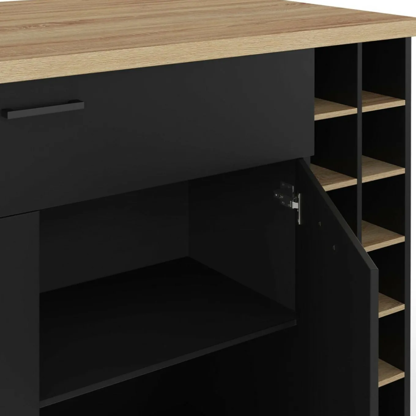 IDMarket Ilot central avec range-bouteilles placard et tiroir bois noir avec plan de travail façon hêtre* Ilot Central