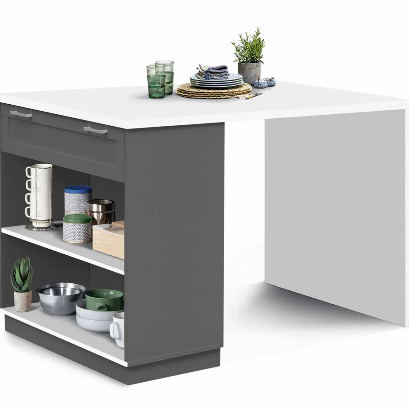 IDMarket Ilot central blanc et gris 130 cm pour 4 personnes* Collection Design|Collection Moderne