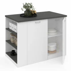 IDMarket Ilot central bois blanc plan de travail gris anthracite* Meubles Hauts|Meubles Blancs