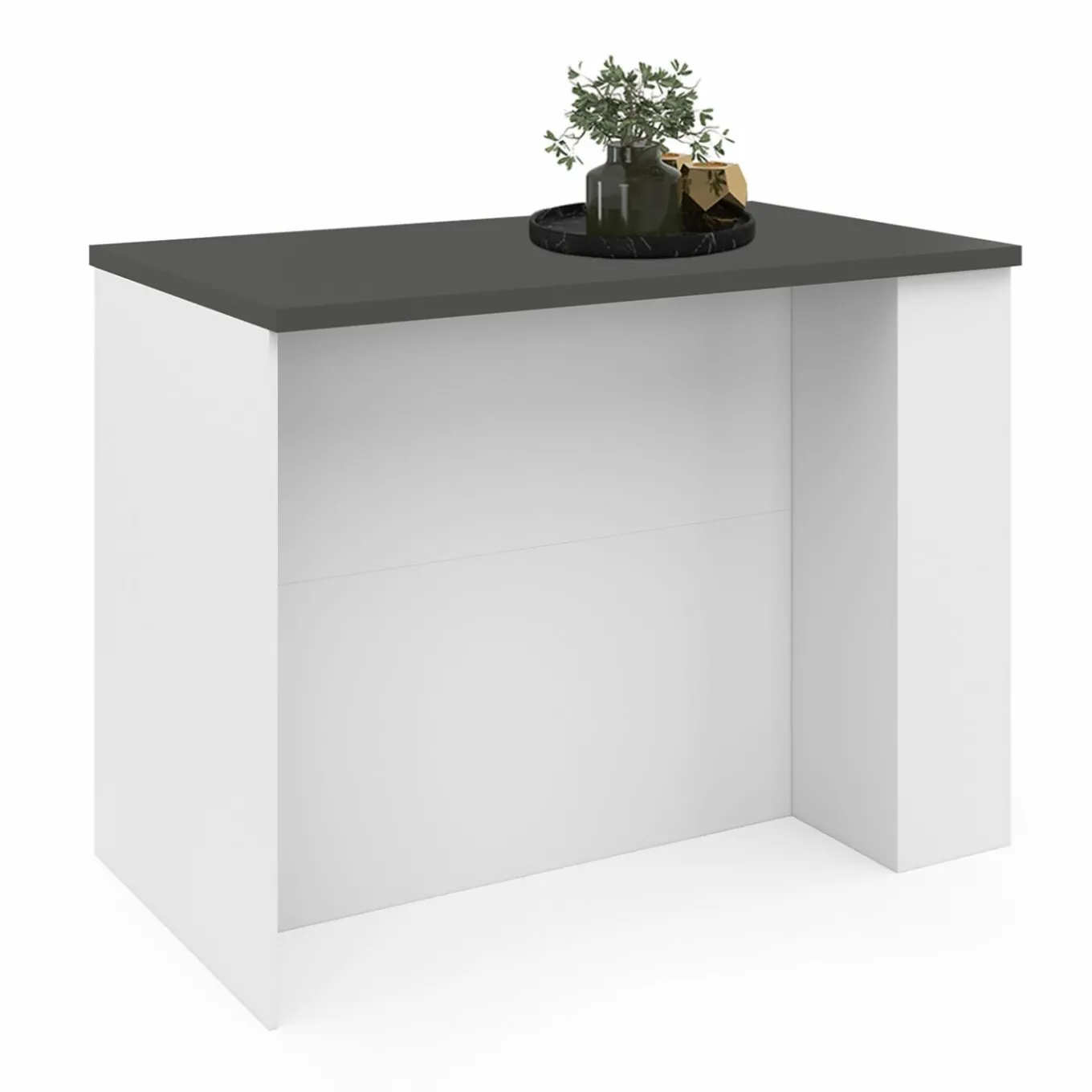 IDMarket Ilot central bois blanc plan de travail gris anthracite* Meubles Hauts|Meubles Blancs