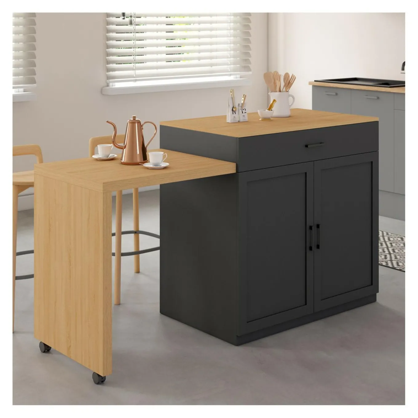 IDMarket Ilot central bois et noir avec table à manger extensible* Meubles Hauts|Ilot Central
