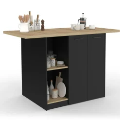 IDMarket Ilot central bois noir avec plan de travail façon hêtre 140 cm 4 personnes avec rangement* Meubles Hauts|Meubles En Bois