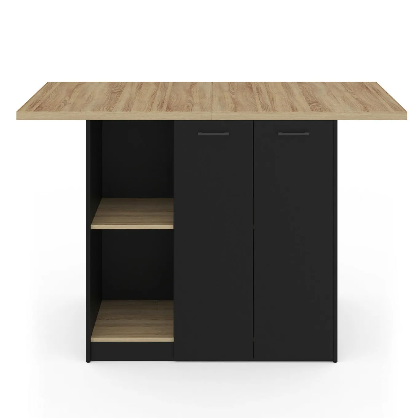 IDMarket Ilot central bois noir avec plan de travail façon hêtre 140 cm 4 personnes avec rangement* Meubles Hauts|Meubles En Bois