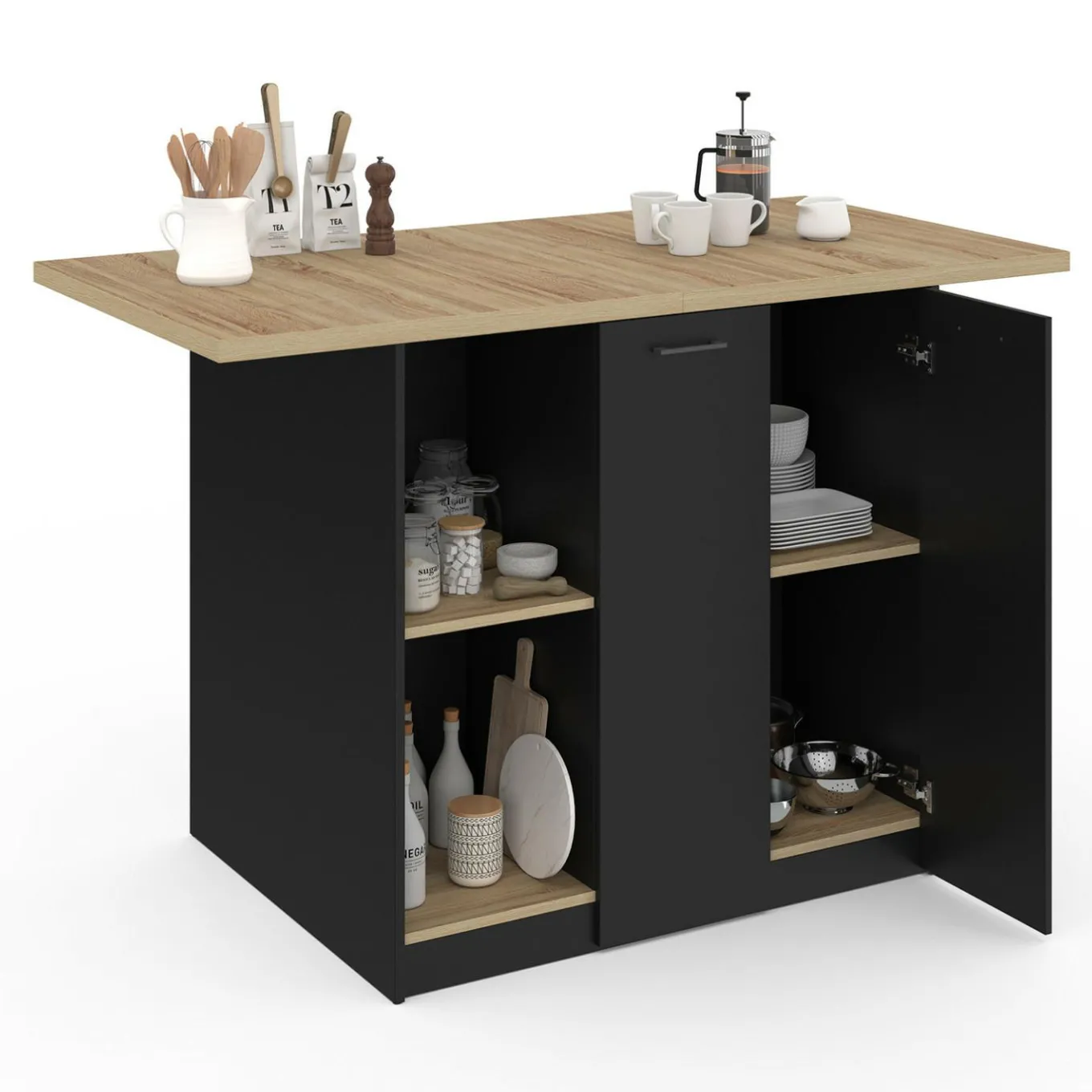 IDMarket Ilot central bois noir avec plan de travail façon hêtre 140 cm 4 personnes avec rangement* Meubles Hauts|Meubles En Bois