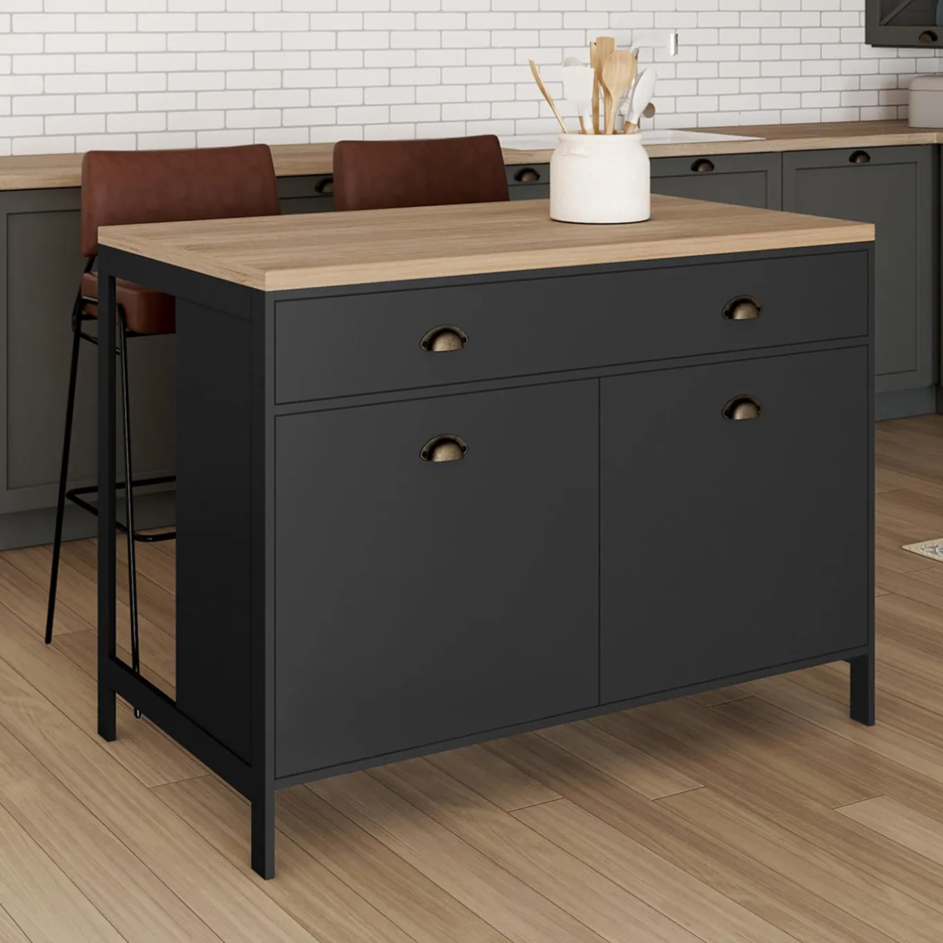 IDMarket Ilot central cuisine bois et noir 120 cm* Meubles Bas|Meubles Noirs