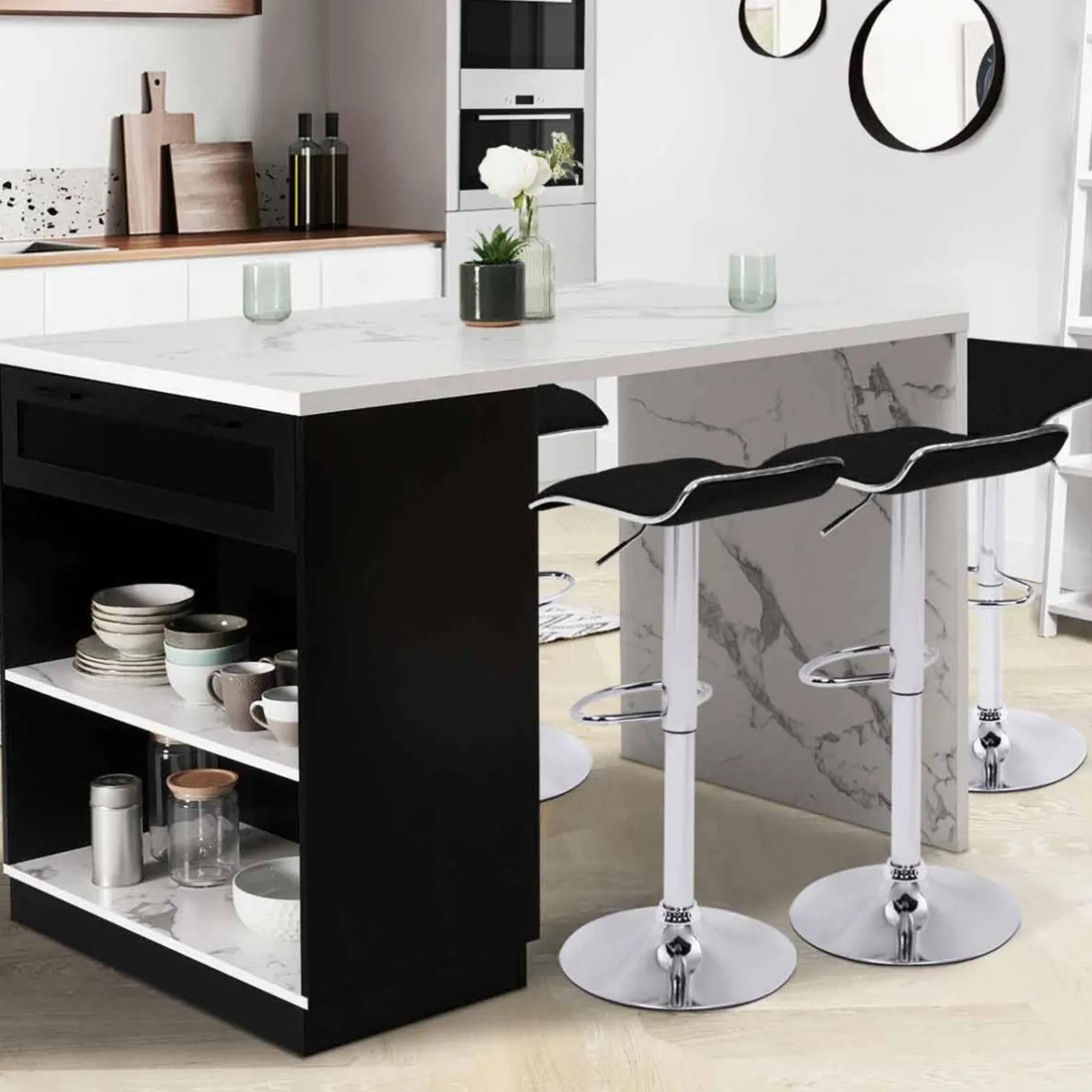 IDMarket Ilot central effet marbre et noir 130 cm pour 4 personnes* Collection Design|Collection Moderne