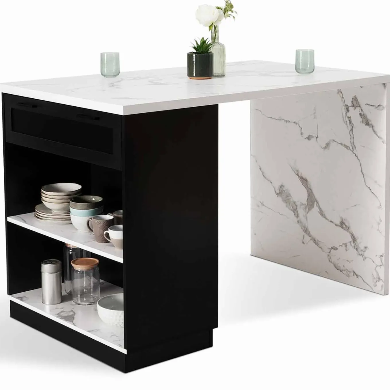 IDMarket Ilot central effet marbre et noir 130 cm pour 4 personnes* Collection Design|Collection Moderne