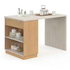 IDMarket Ilot central mange-debout 4 personnes 130 cm bois et plateau effet travertin* Ilot Central|Collection Moderne
