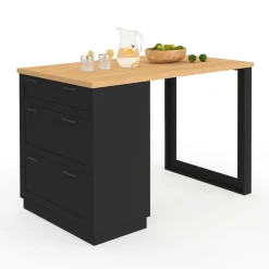 IDMarket Ilot central mange-debout 4 personnes 130 cm casserolier 3 tiroirs noir et plateau bois* Ilot Central|Collection Moderne