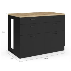 IDMarket Ilot central mange-debout 120 cm casserolier 6 tiroirs noir et plateau bois* Ilot Central|Collection Moderne