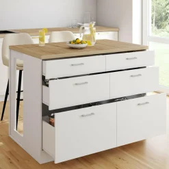 IDMarket Ilot central mange-debout 120 cm casserolier 6 tiroirs blanc et plateau bois* Ilot Central|Collection Moderne