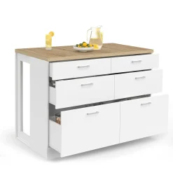 IDMarket Ilot central mange-debout 120 cm casserolier 6 tiroirs blanc et plateau bois* Ilot Central|Collection Moderne