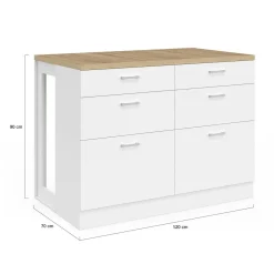 IDMarket Ilot central mange-debout 120 cm casserolier 6 tiroirs blanc et plateau bois* Ilot Central|Collection Moderne