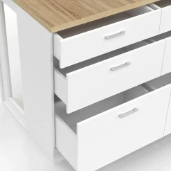 IDMarket Ilot central mange-debout 120 cm casserolier 6 tiroirs blanc et plateau bois* Ilot Central|Collection Moderne