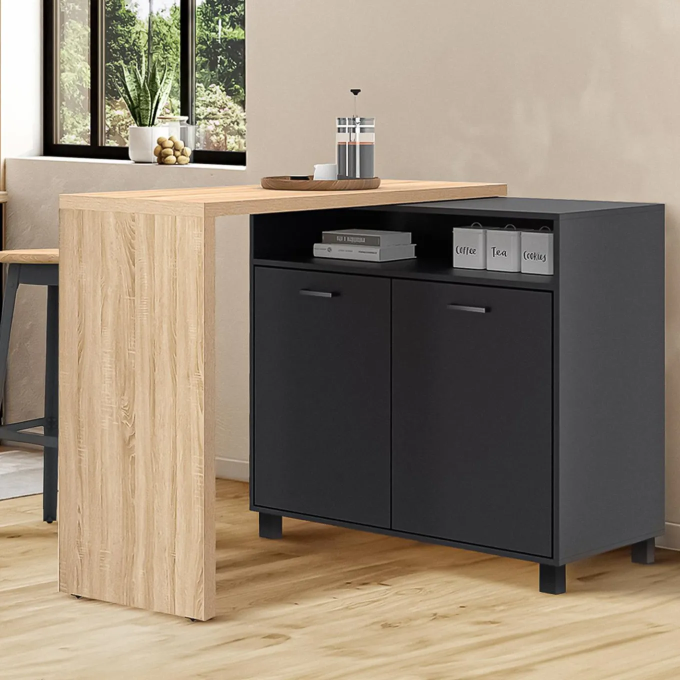 IDMarket Ilot central rotatif noir et imitation hêtre* Ilot Central