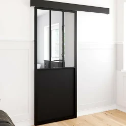 IDMarket Kit porte coulissante verrière industrielle noire et verre trempé* Décoration Et Accessoires|Produits D’Aménagement Intérieur