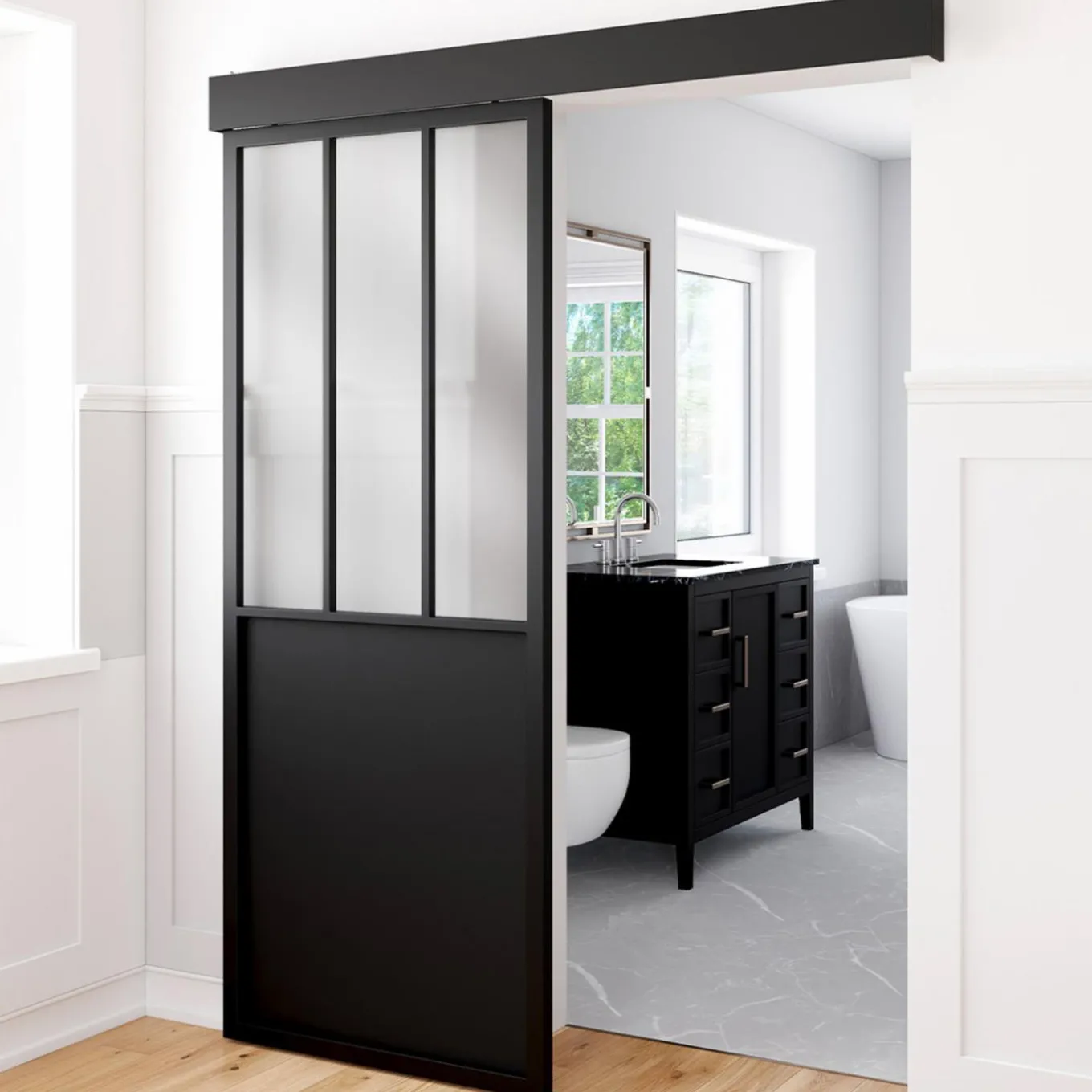 IDMarket Kit porte coulissante verrière industrielle noire et verre trempé* Décoration Et Accessoires|Produits D’Aménagement Intérieur