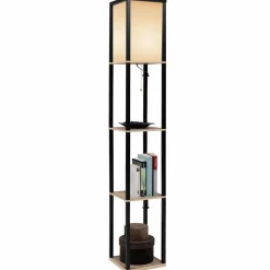 IDMarket Lampadaire industriel en bois noir avec étagères bois clair et abat-jour blanc* Décoration Et Accessoires|Luminaires