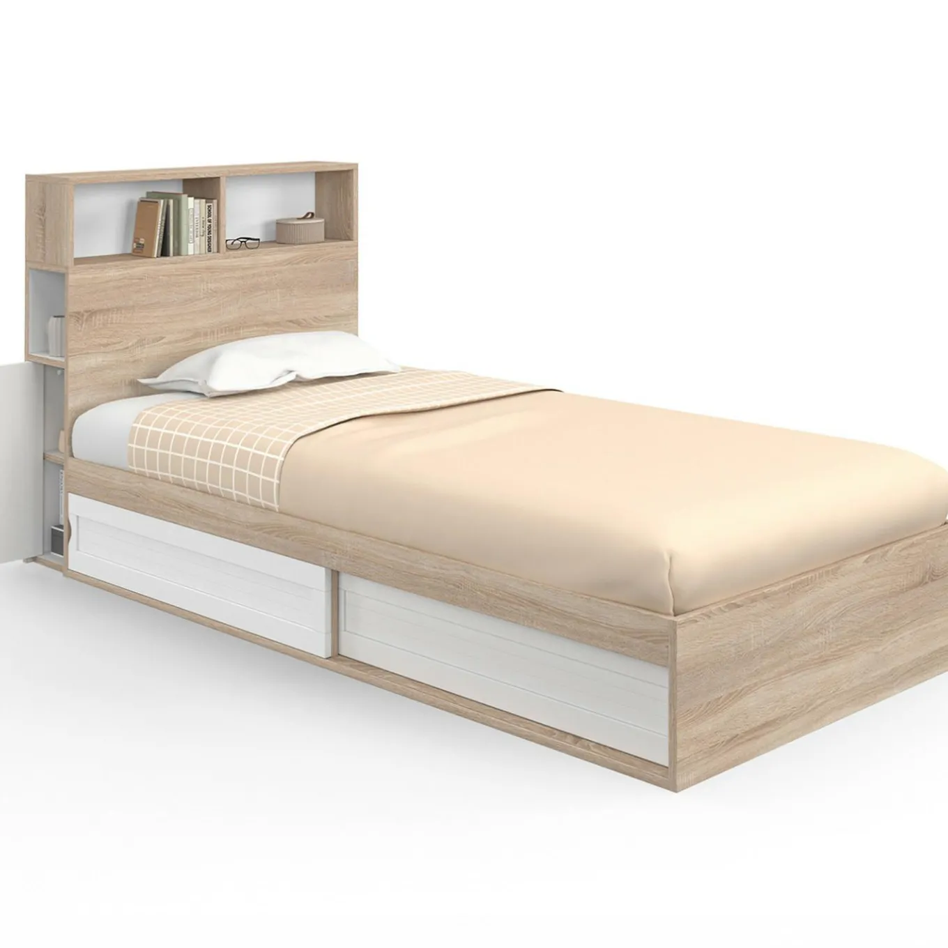 IDMarket Lit 1 personne sommier 90x190 cm hêtre et blanc avec rangement et tête de lit* Collection Scandinave|Chambre Complète Adulte