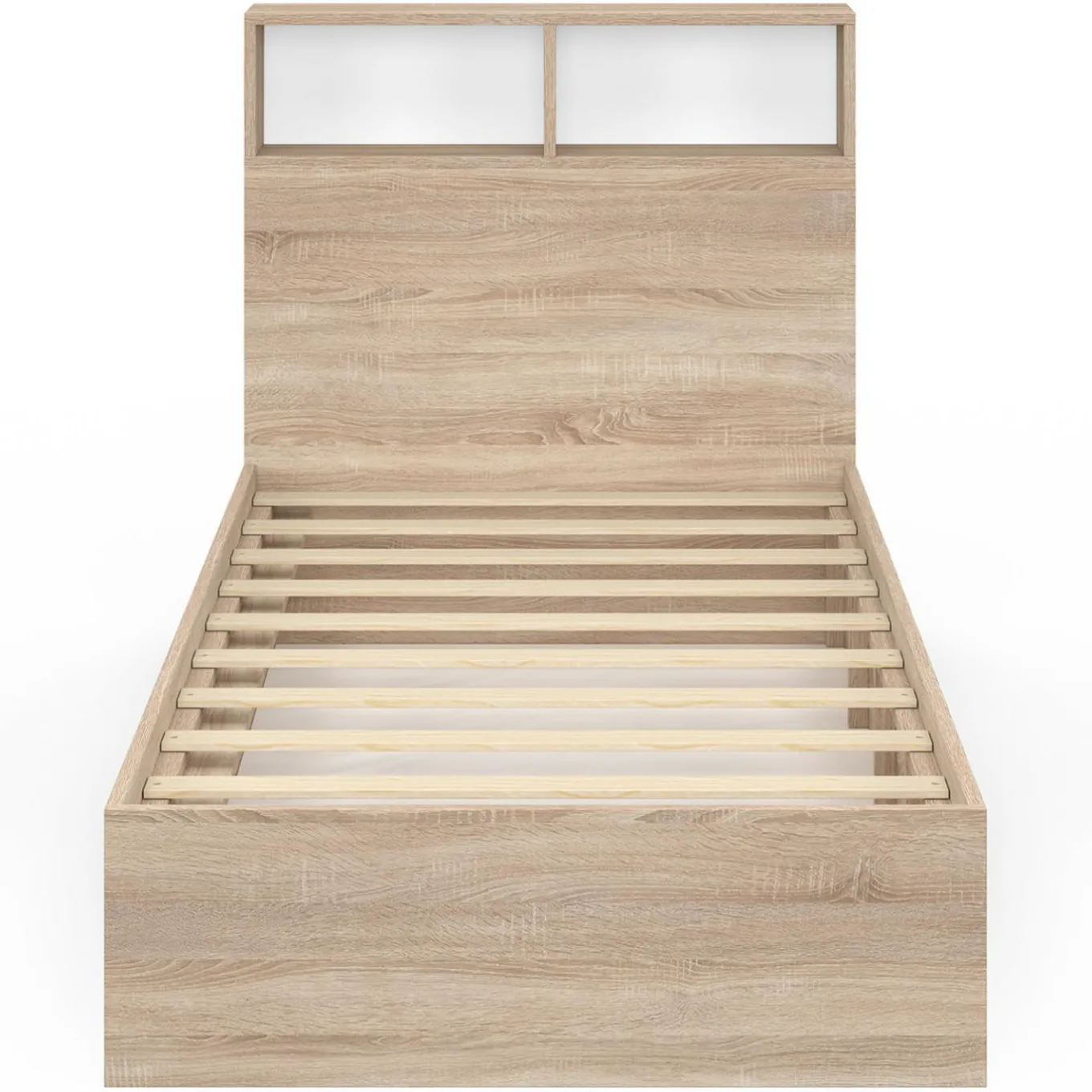 IDMarket Lit 1 personne sommier 90x190 cm hêtre et blanc avec rangement et tête de lit* Collection Scandinave|Chambre Complète Adulte