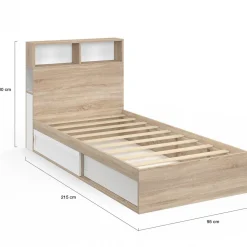 IDMarket Lit 1 personne sommier 90x190 cm hêtre et blanc avec rangement et tête de lit* Collection Scandinave|Chambre Complète Adulte