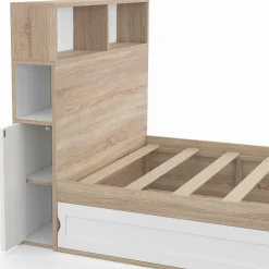 IDMarket Lit 1 personne sommier 90x190 cm hêtre et blanc avec rangement et tête de lit* Collection Scandinave|Chambre Complète Adulte