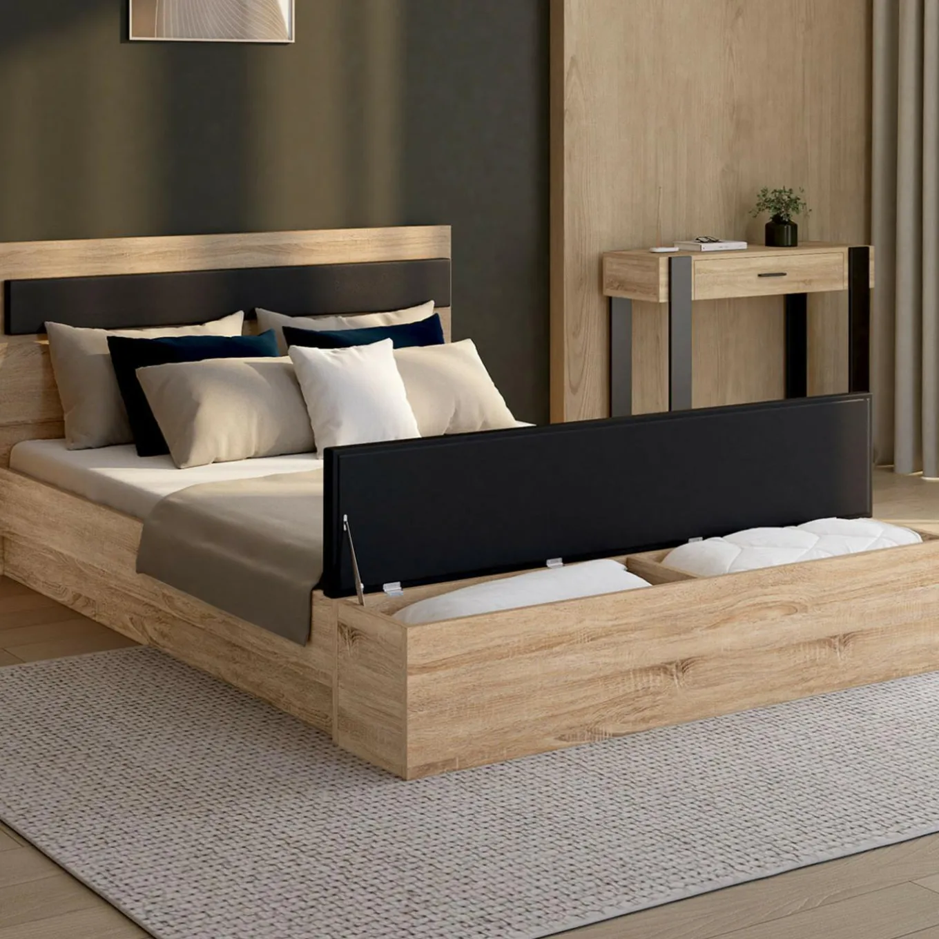 IDMarket Lit 2 personnes sommier 140x190 cm avec tête de lit et banc coffre bois et noir* Meubles Noirs|Meubles En Bois